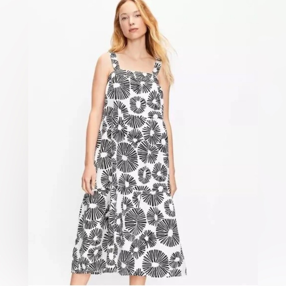 LOFT Firework Tiered Square Neck Midi Dress Size XS Black White Linen Sundress